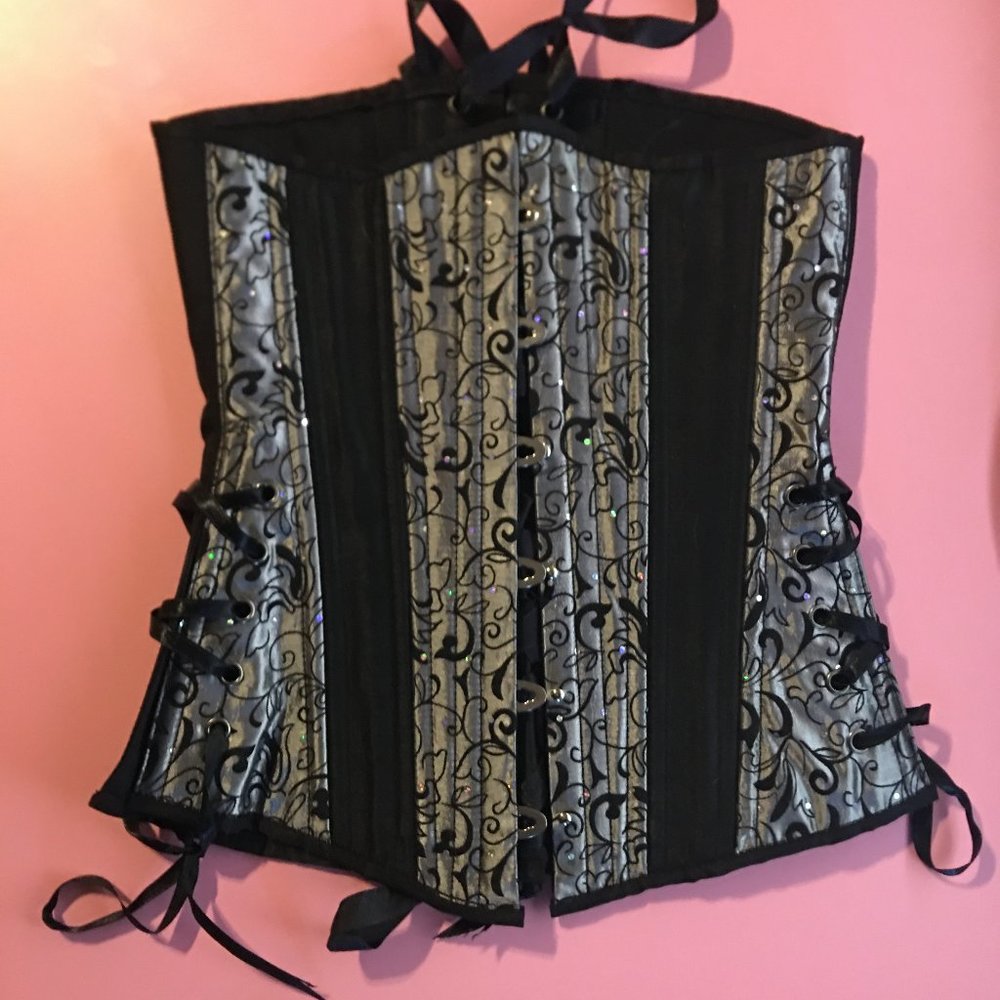 Black and Silver Lace-Up Brocade Corset Top